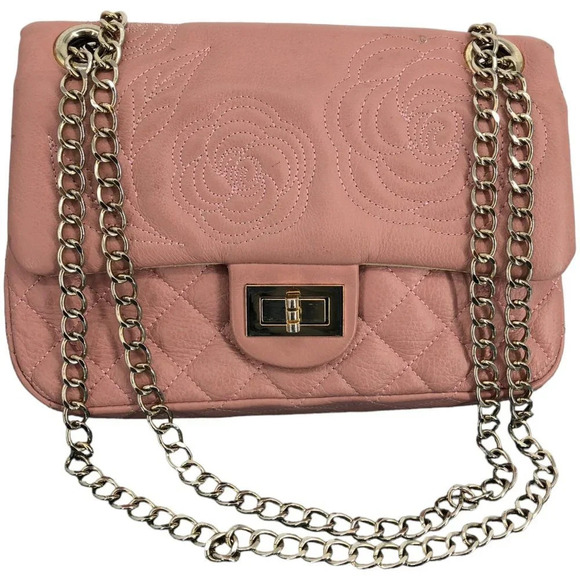 Handbags - Baby pink quilted purse with chain strap and gold-toned hardware